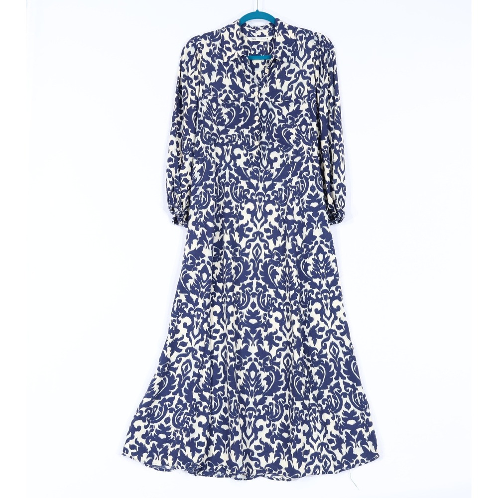 Zara Shirt Dress Womens S Blue White Ikat Damask Midi Long Sleeve